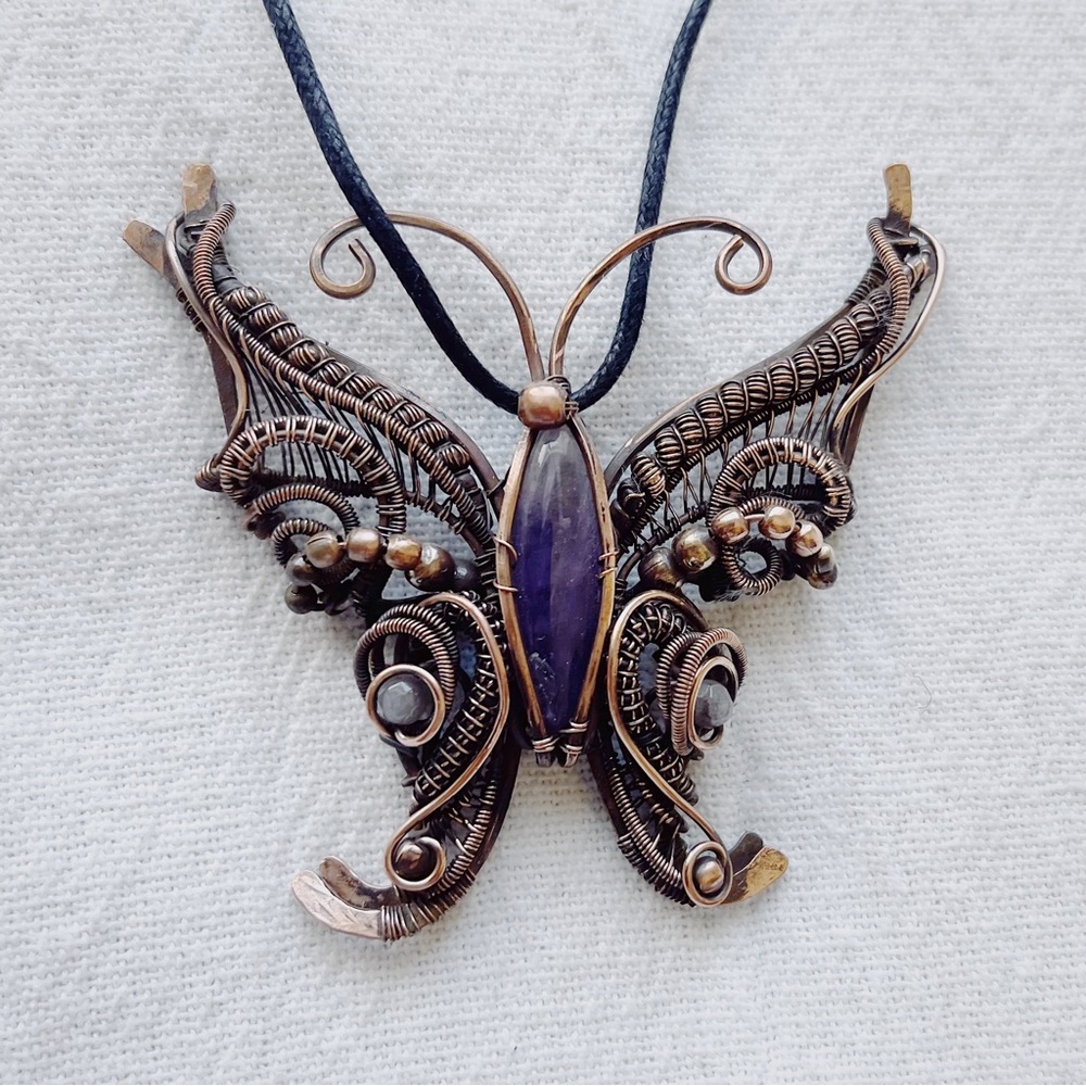 Copper wire wrapped amethyst pendant necklace
